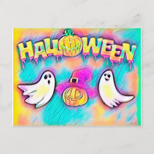 Postal Fantasma y calabazas coloridas de Halloween