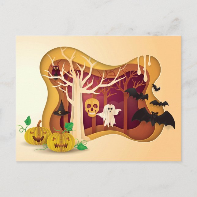 Postal Fantasma y cráneo de árbol de Halloween (Anverso)
