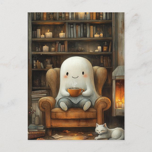 Postal Fantasma y gato en la biblioteca con un café (Anverso)