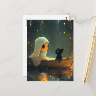 Postal Fantasma y gato en un bote