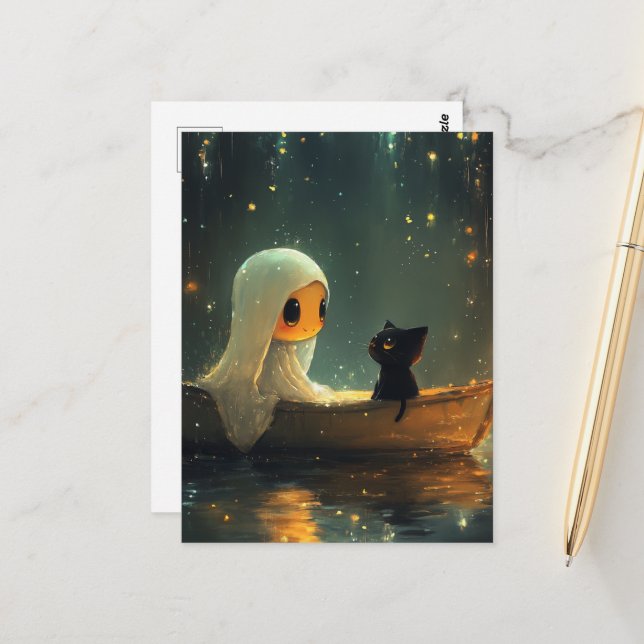 Postal Fantasma y gato en un bote (Anverso/Reverso In Situ)
