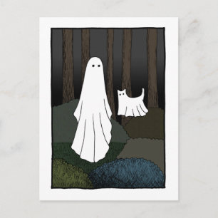 Postal Fantasma y Ghost Cat en el bosque gracioso tierno