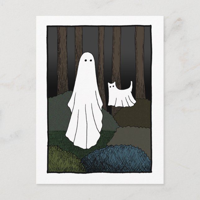 Postal Fantasma y Ghost Cat en el bosque gracioso tierno (Anverso)