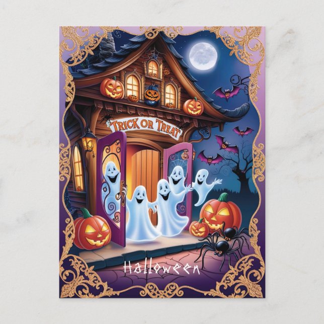 Postal Fantasmas adorables de Halloween en la puerta (Anverso)