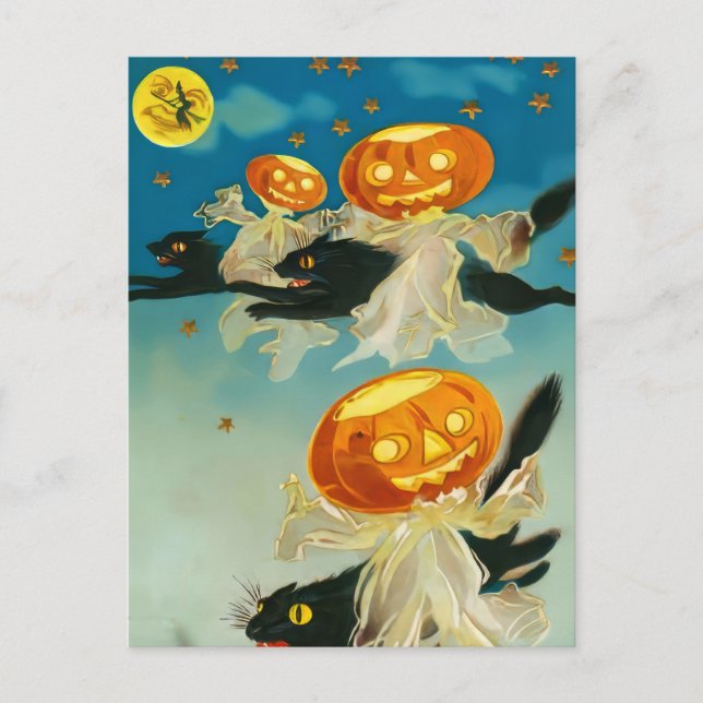 Postal Fantasmas de calabaza de Halloween y gatos negros (Anverso)
