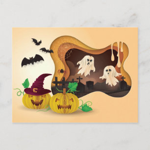 Postal Fantasmas del cementerio recortados en Halloween