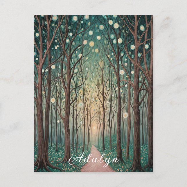 Postal Fantasmas forestales: Luces flotantes en la madera (Anverso)