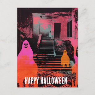 Postal Fantasmas Naranjas rosados en la casa de Halloween