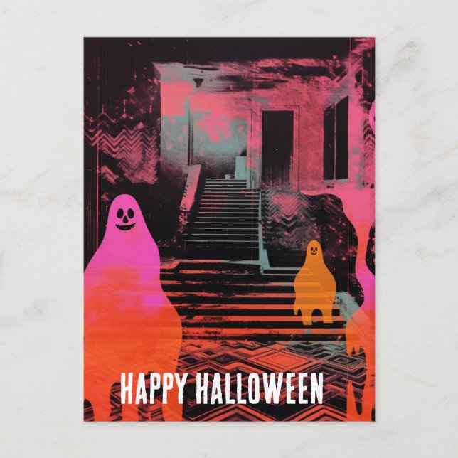 Postal Fantasmas Naranjas rosados en la casa de Halloween (Anverso)