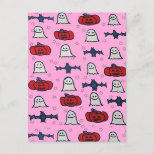 Postal Fantasmas rosados de Halloween, murciélagos y Jack