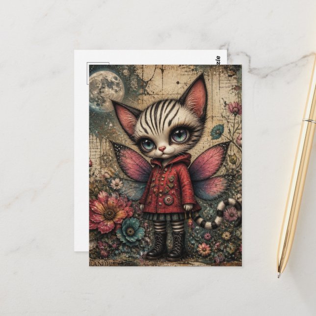 Postal Fantástica Hada de Gato Adorable (Anverso/Reverso In Situ)