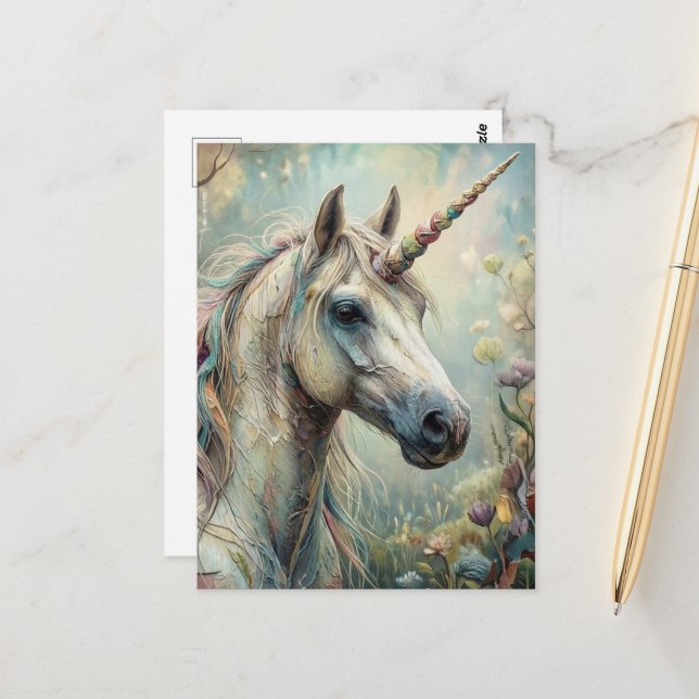 Postal Fantástico hermoso unicornio en el bosque (Anverso/Reverso In Situ)