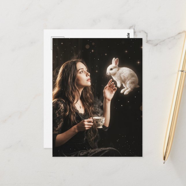 Postal Fantasy Art Surreal Tea Time With White Rabbit  (Anverso/Reverso In Situ)