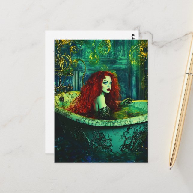 Postal Fantasy Beautiful Woman with Red Hair in a Tub  (Anverso/Reverso In Situ)