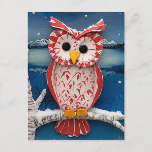 Postal Fantasy Candy cane Owl árbol de abedul encausado