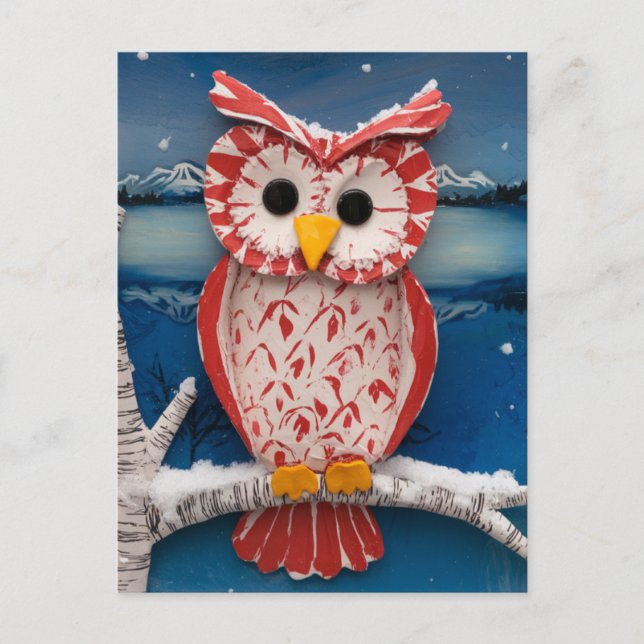 Postal Fantasy Candy cane Owl árbol de abedul encausado (Anverso)