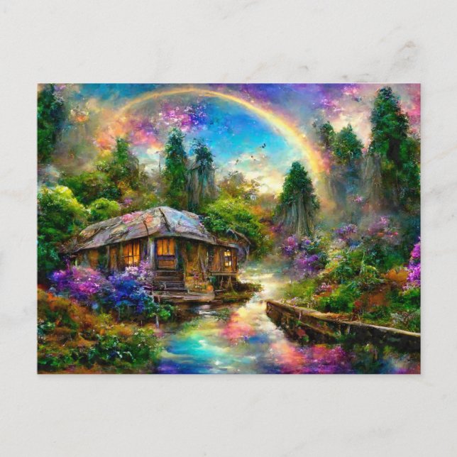 Postal Fantasy Cottage mit Regenbogen und Blumen (Anverso)