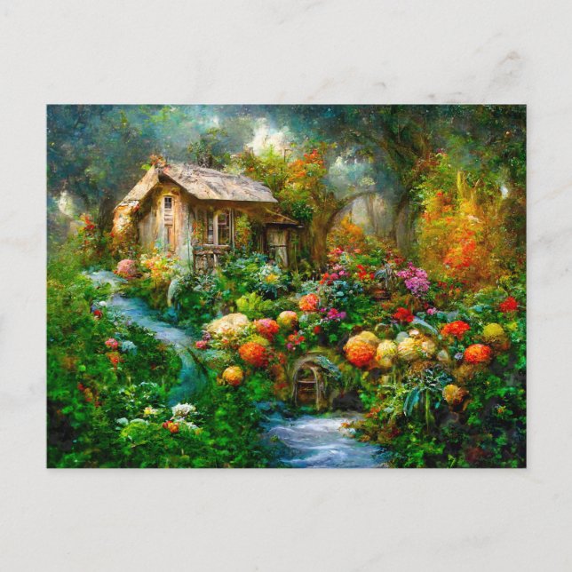 Postal Fantasy Cottage mit üppigem Garten voller Blumen.  (Anverso)