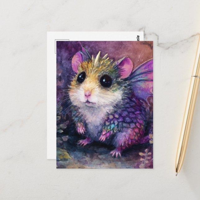 Postal Fantasy Hamster Dragon Watercolor (Anverso/Reverso In Situ)