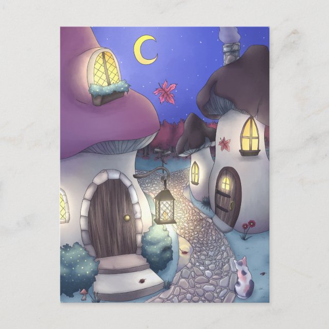 Postal Fantasy Nighttime Mushroom Village Ilustracion (Anverso)