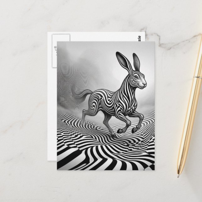 Postal Fantasy Rabbit Horse Critter Black an White Op art (Anverso/Reverso In Situ)