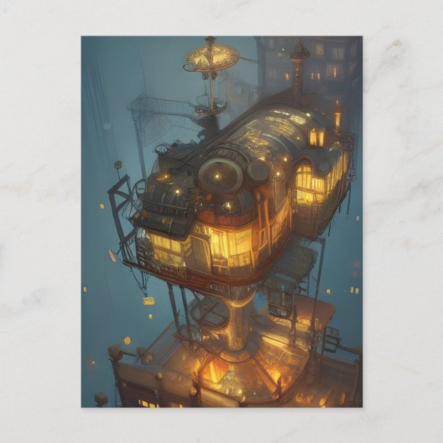 Postal Fantasy Steampunk City Aerial View (Anverso)