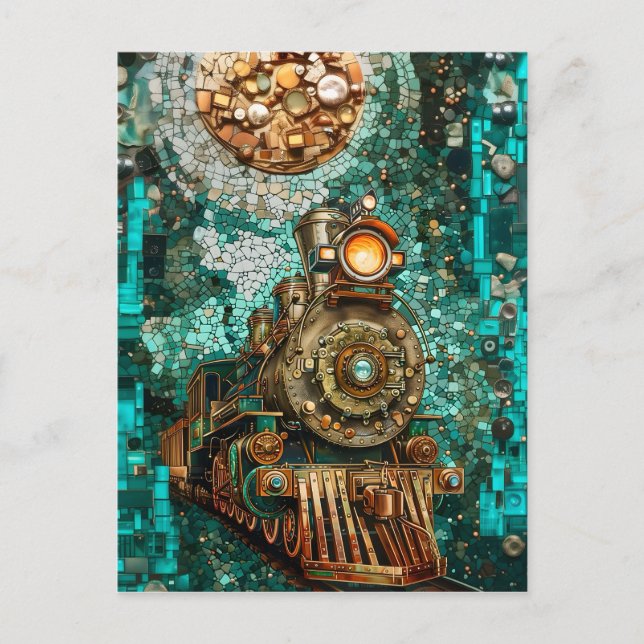 Postal Fantasy Steampunk Train Aqua Faux Mosaic 066 (Anverso)