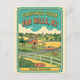 Postal Far Hills NJ Viaje Retro Colorido Años 50