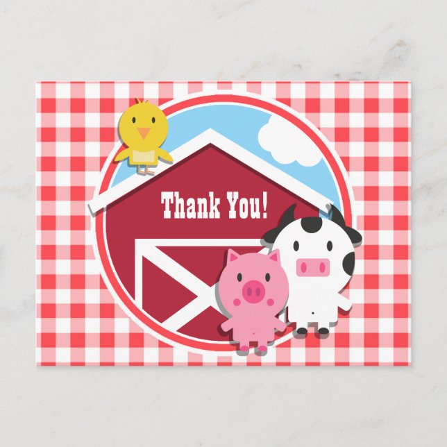 Postal Farm Animals Baby Shower; Red & White Gingham (Anverso)