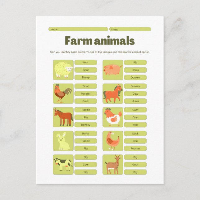 Postal Farm Animals Identification Educational Worksheet (Anverso)