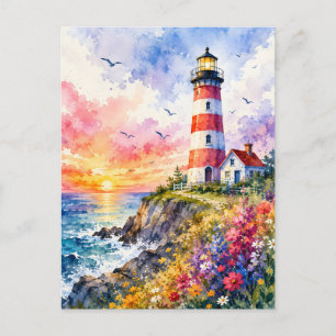 Postal Faro Colorido Acuarela junto al Mar