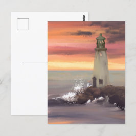 Postal Faro costero con cielo rosa y naranja