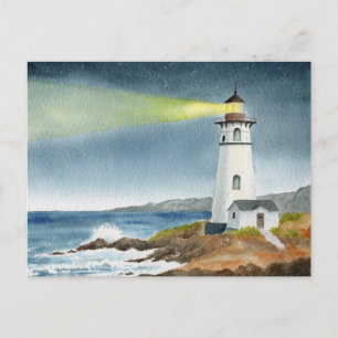 Postal Faro costero con haz de luz