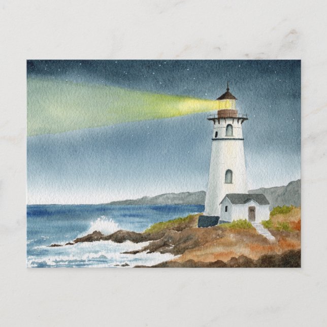 Postal Faro costero con haz de luz (Anverso)