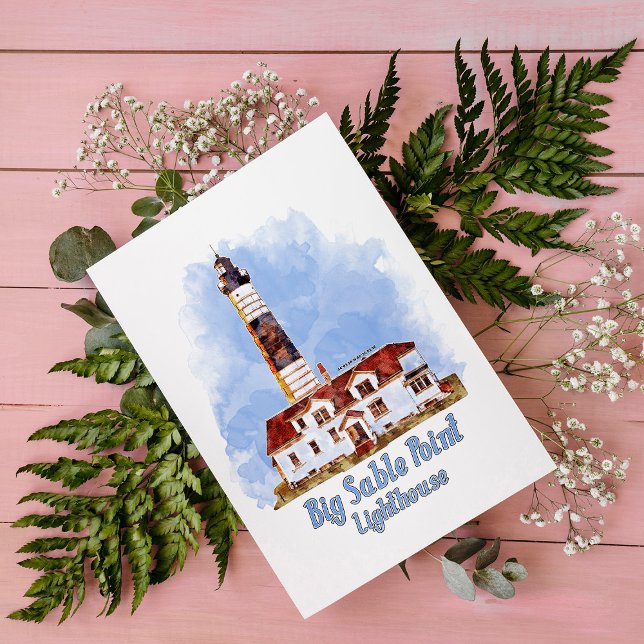 Postal Faro de Big Sable Point Acuarela - Míchigan (Big Sable Point Lighthouse Watercolor - Michigan. Postcard)