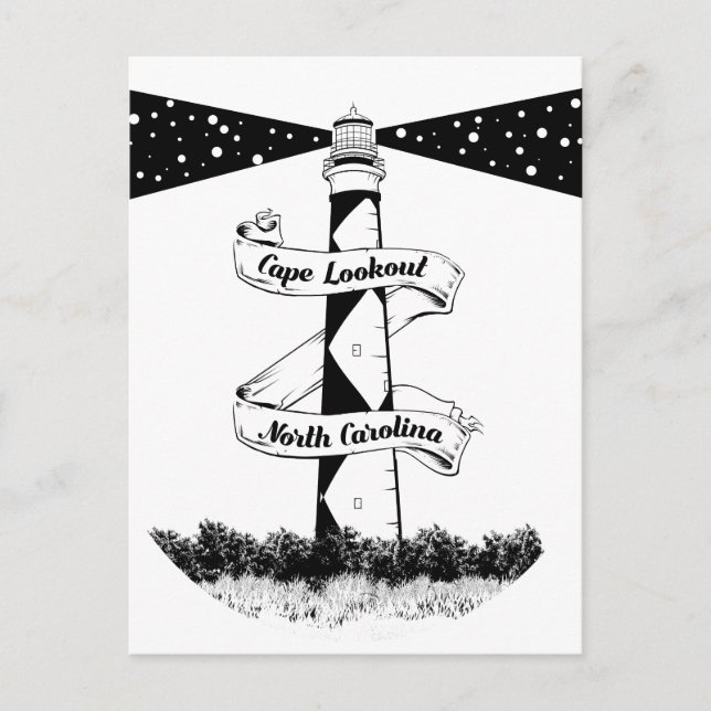 Postal Faro de Cape Lookout negro y blanco (Anverso)