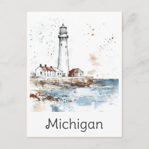 Postal Faro de los Grandes Lagos de Michigan Acuarela Via