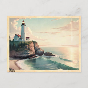 Postal Faro de Maine en un acantilado de la Vintage