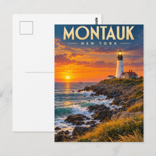 Postal Faro de Montauk Point al atardecer Nueva York 