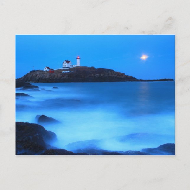 Postal Faro de Nubble de Cabo Neddick Tide Luna llena (Anverso)