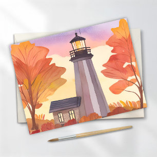 Postal Faro de otoño   Acuarela de follaje de otoño