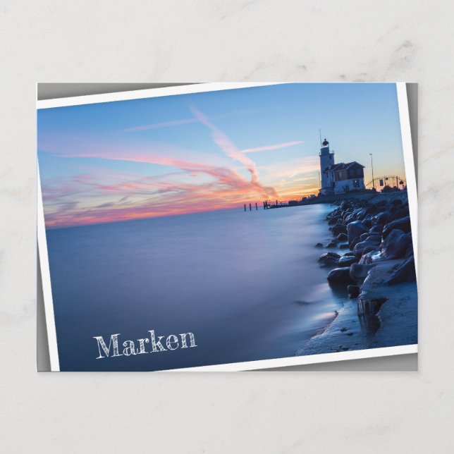 Postal Faro de Paard van Marken en un amanecer azul (Anverso)
