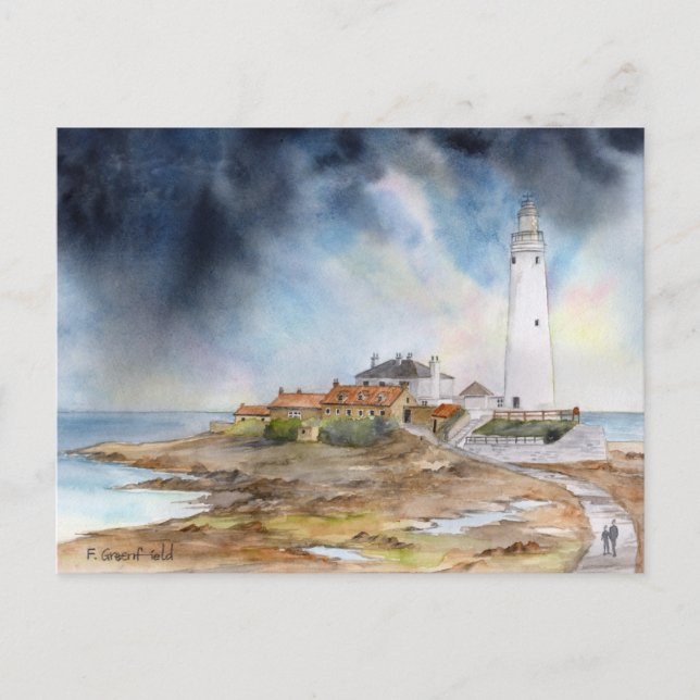 Postal Faro de St Marys Whitley Bay Watercolor (Anverso)
