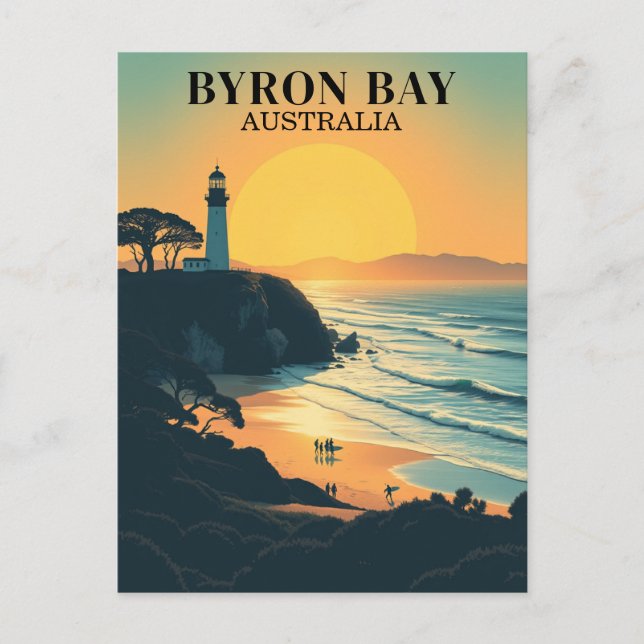 Postal Faro de viaje retro de Byron Bay Australia (Anverso)