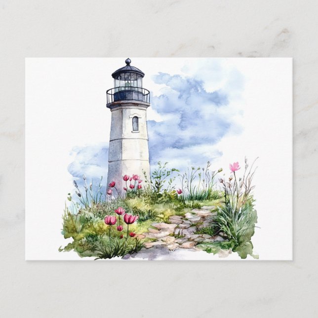 Postal Faro en Acuarela de Primavera (Anverso)