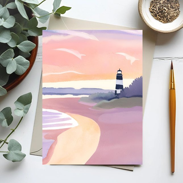 Postal Faro Pastel | Acuarela Coastal Beach Shore (Subido por el creador)