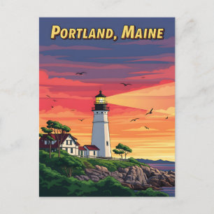 Postal Faro Portland Maine al atardecer