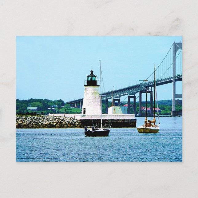 Postal Faro, puente y barcos, Newport, RI (Anverso)