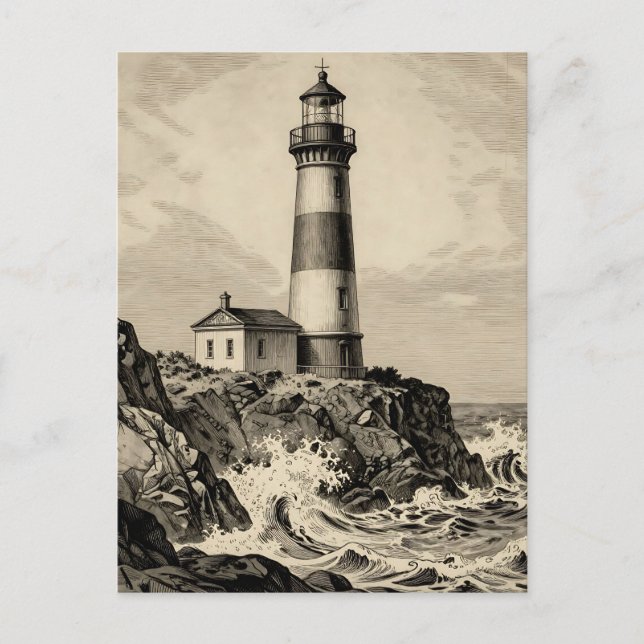 Postal Faro rayado vintage Costa tormentosa  (Anverso)