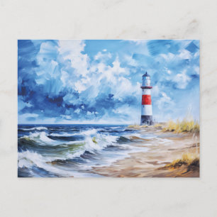 Postal Faro rojo blanco de la costa del Mar Báltico. Arte